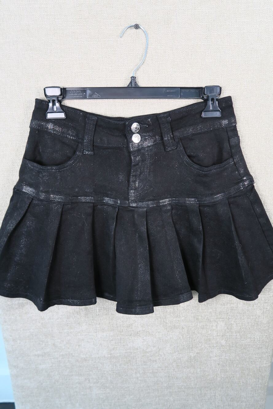 Cosmic Aura Black Pleated Mini Skirt with Star Snap Buttons